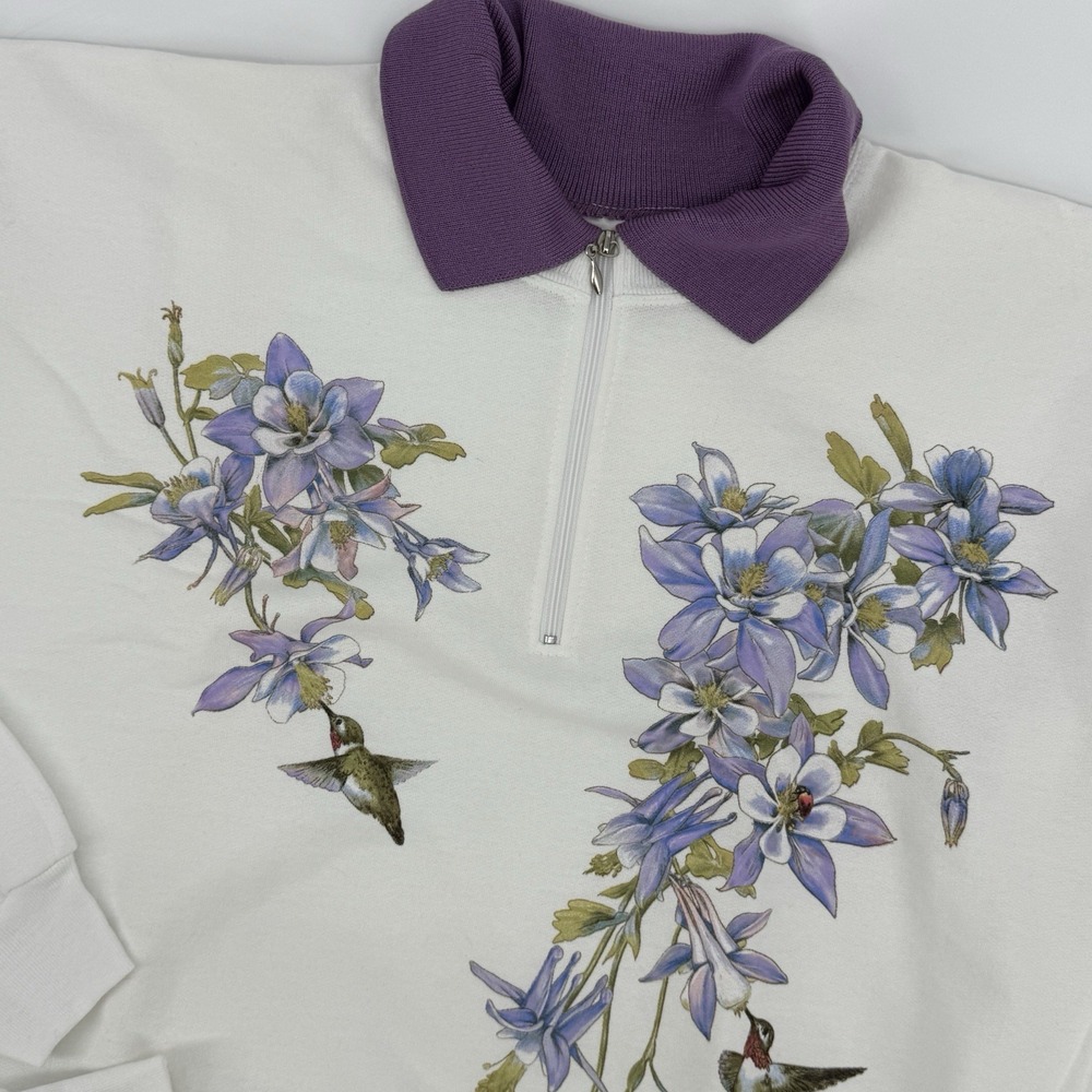 Vintage 90s Hanes Hummingbird Floral Quarter Zip Sweatshirt Cottagecore Large